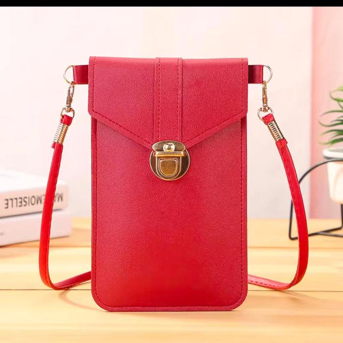 PU Leather Phone Holder With Neck Strap Wallets Touch Screen Bags(Red)